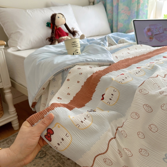 91家纺网 家纺一手货源 找家纺 顾里家纺 2026新款韩系费尔岛风泡泡凉感夏被夏凉被空调被 费尔岛猫猫