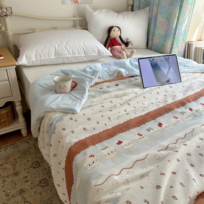 91家纺网 家纺一手货源 找家纺 顾里家纺 2026新款韩系费尔岛风泡泡凉感夏被夏凉被空调被 费尔岛猫猫