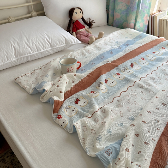 91家纺网 家纺一手货源 找家纺 顾里家纺 2026新款韩系费尔岛风泡泡凉感夏被夏凉被空调被 费尔岛猫猫