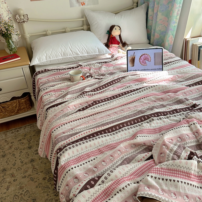 91家纺网 家纺一手货源 找家纺 顾里家纺 2026新款韩系费尔岛风泡泡凉感夏被夏凉被空调被 粉爱心猫猫