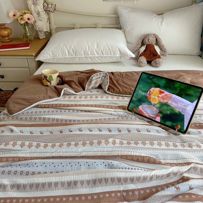 91家纺网 家纺一手货源 找家纺 顾里家纺 2026新款韩系费尔岛风泡泡凉感夏被夏凉被空调被 爱心麋鹿