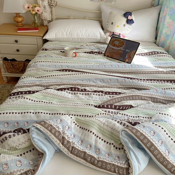 顾里家纺 2026新款韩系费尔岛风泡泡凉感夏被夏凉被空调被 蓝爱心猫猫