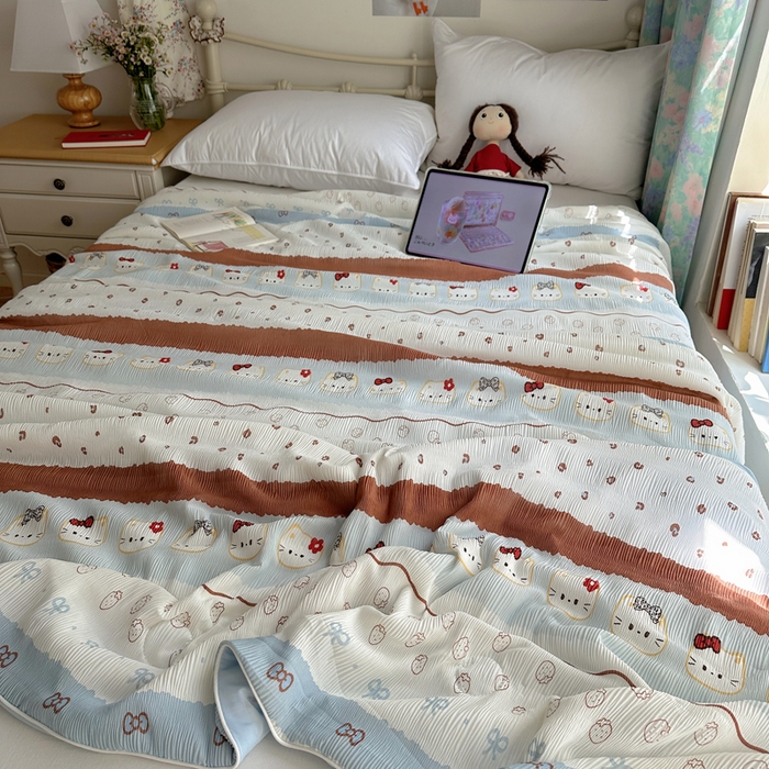 91家纺网 家纺一手货源 找家纺 顾里家纺 2026新款韩系费尔岛风泡泡凉感夏被夏凉被空调被 费尔岛猫猫