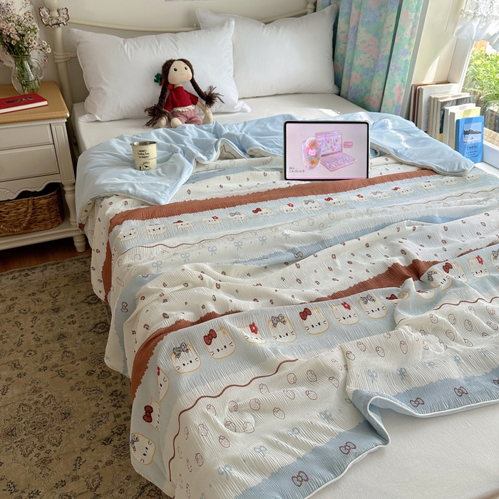 91家纺网 家纺一手货源 找家纺 顾里家纺 2026新款韩系费尔岛风泡泡凉感夏被夏凉被空调被 费尔岛猫猫