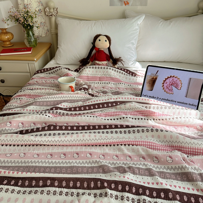 91家纺网 家纺一手货源 找家纺 顾里家纺 2026新款韩系费尔岛风泡泡凉感夏被夏凉被空调被 粉爱心猫猫