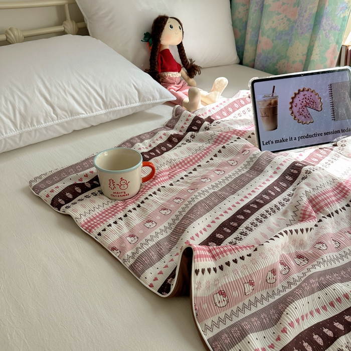 91家纺网 家纺一手货源 找家纺 顾里家纺 2026新款韩系费尔岛风泡泡凉感夏被夏凉被空调被 粉爱心猫猫