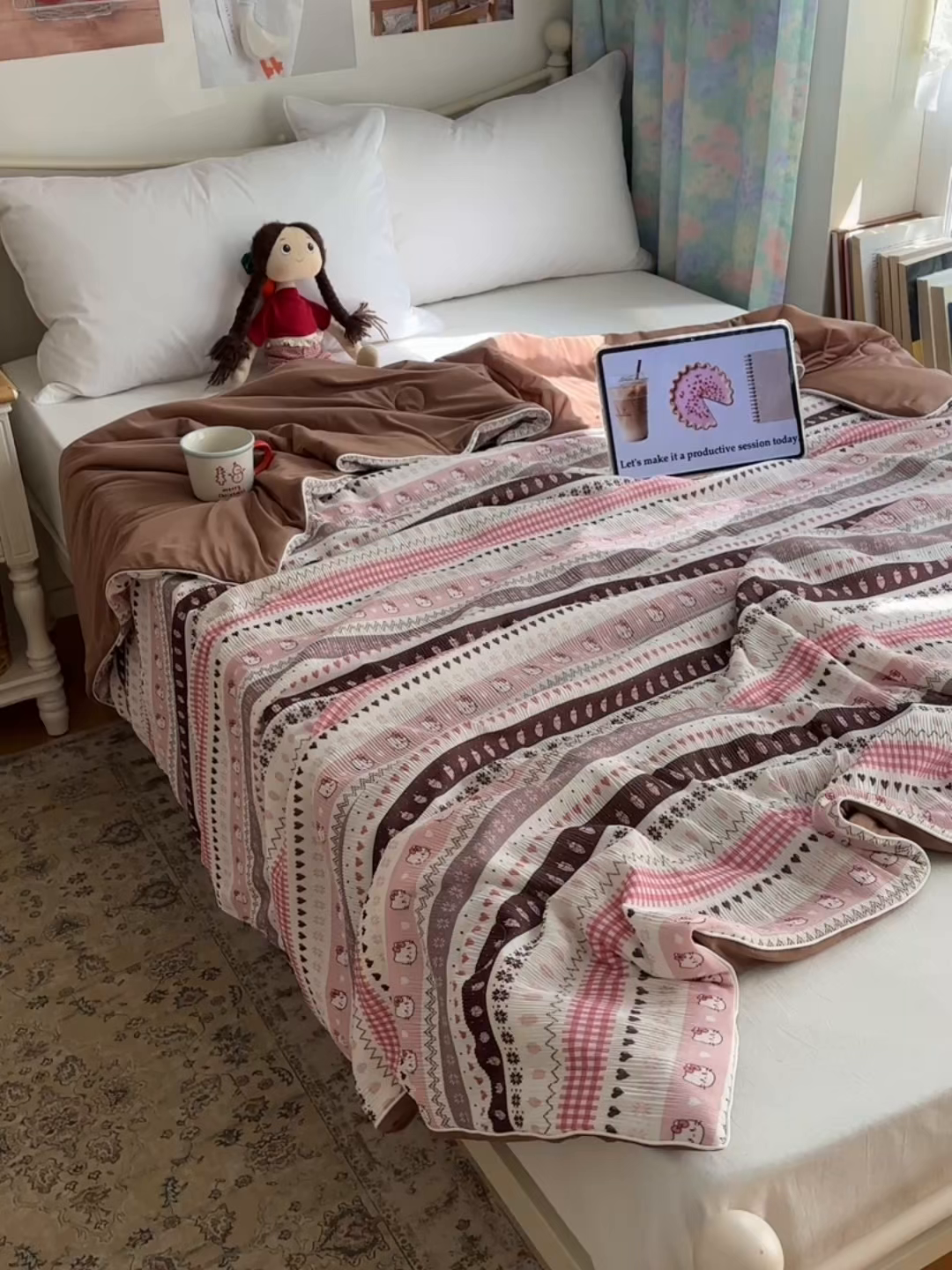 91家纺网 家纺一手货源 找家纺 顾里家纺 2026新款韩系费尔岛风泡泡凉感夏被夏凉被空调被 粉爱心猫猫