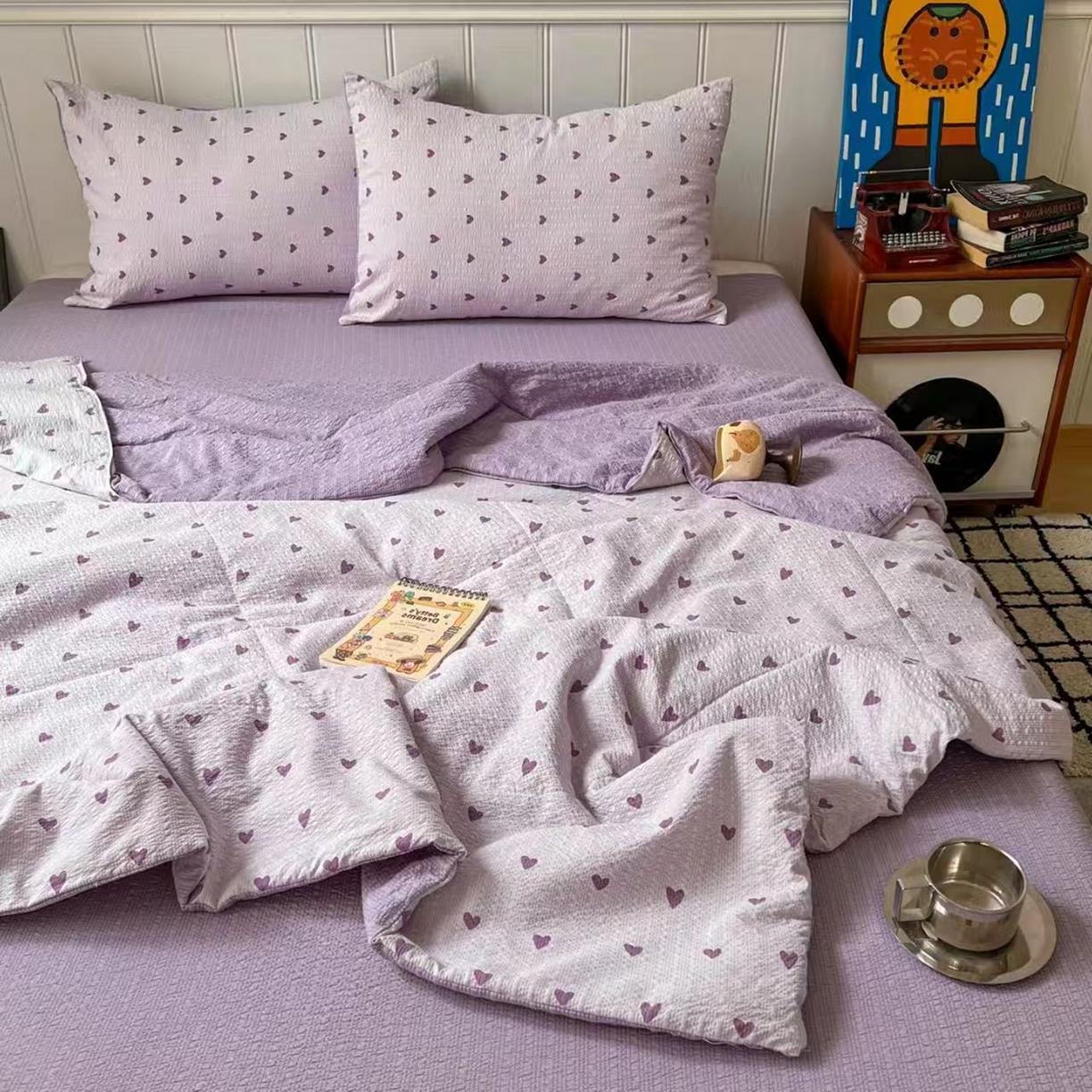 91家纺网 家纺一手货源 找家纺  梵希雅  2026新款泡芙纱夏被四件套简单款 紫爱心