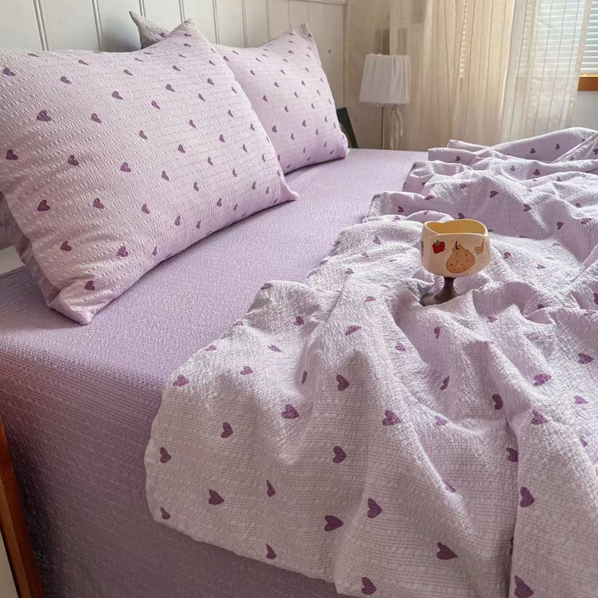 91家纺网 家纺一手货源 找家纺  梵希雅  2026新款泡芙纱夏被四件套简单款 紫爱心