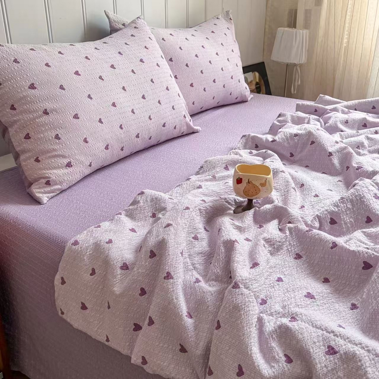 91家纺网 家纺一手货源 找家纺  梵希雅  2026新款泡芙纱夏被四件套简单款 紫爱心
