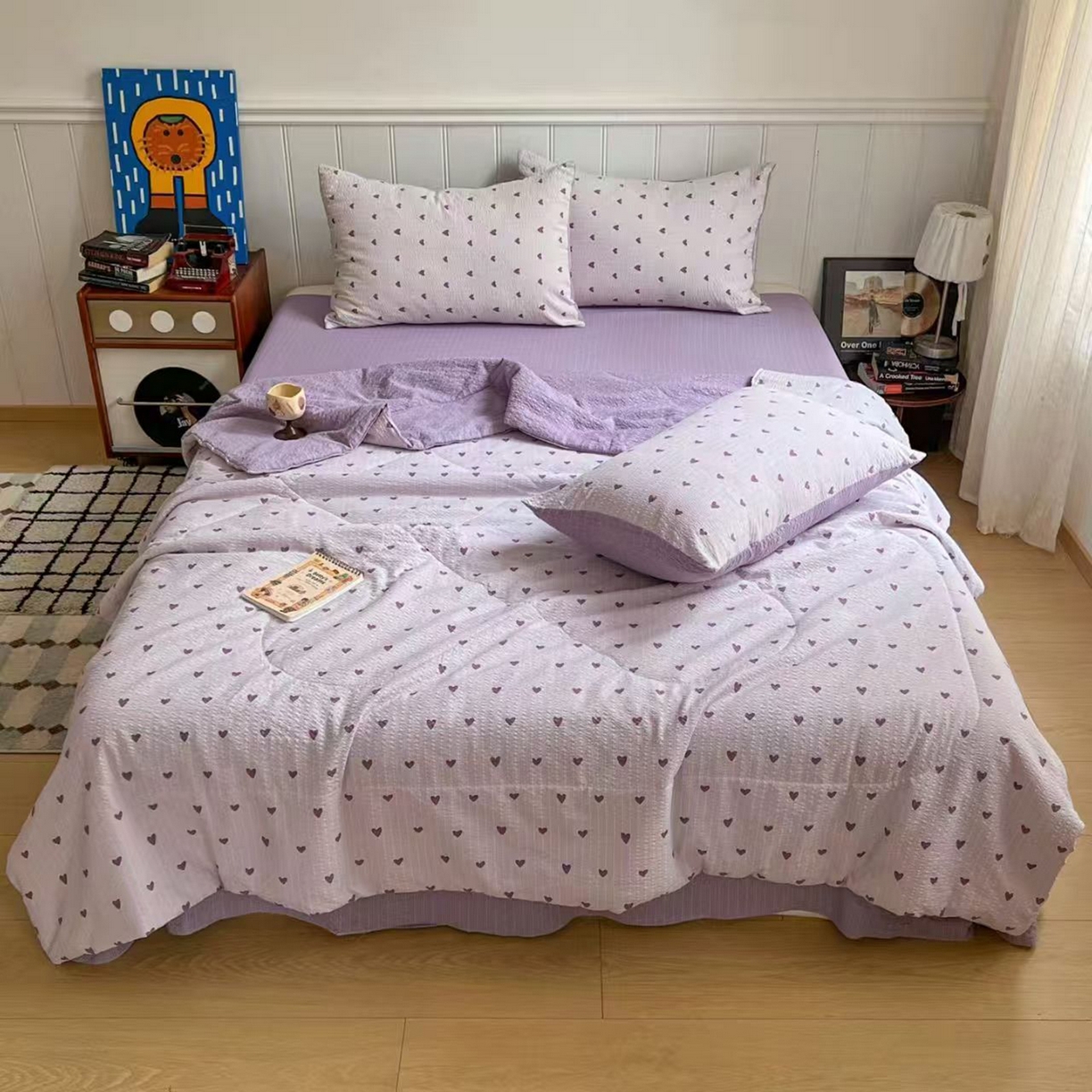 91家纺网 家纺一手货源 找家纺  梵希雅  2026新款泡芙纱夏被四件套简单款 紫爱心