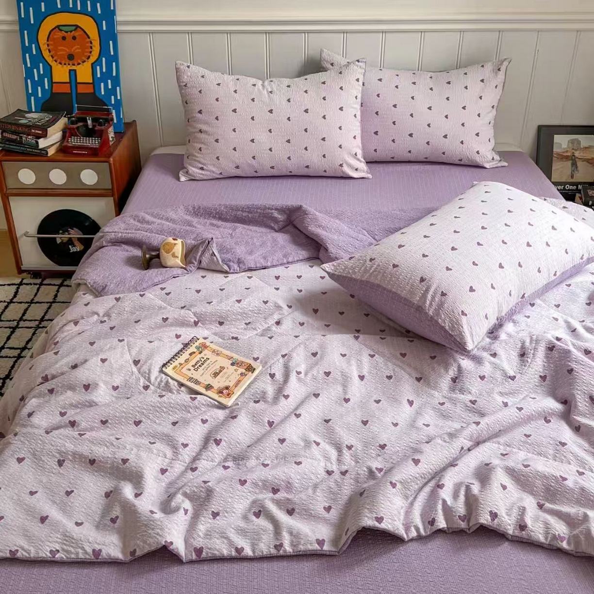 91家纺网 家纺一手货源 找家纺  梵希雅  2026新款泡芙纱夏被四件套简单款 紫爱心