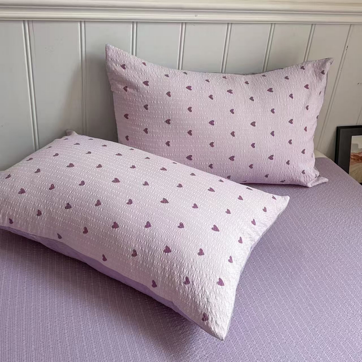 91家纺网 家纺一手货源 找家纺  梵希雅  2026新款泡芙纱夏被四件套简单款 紫爱心