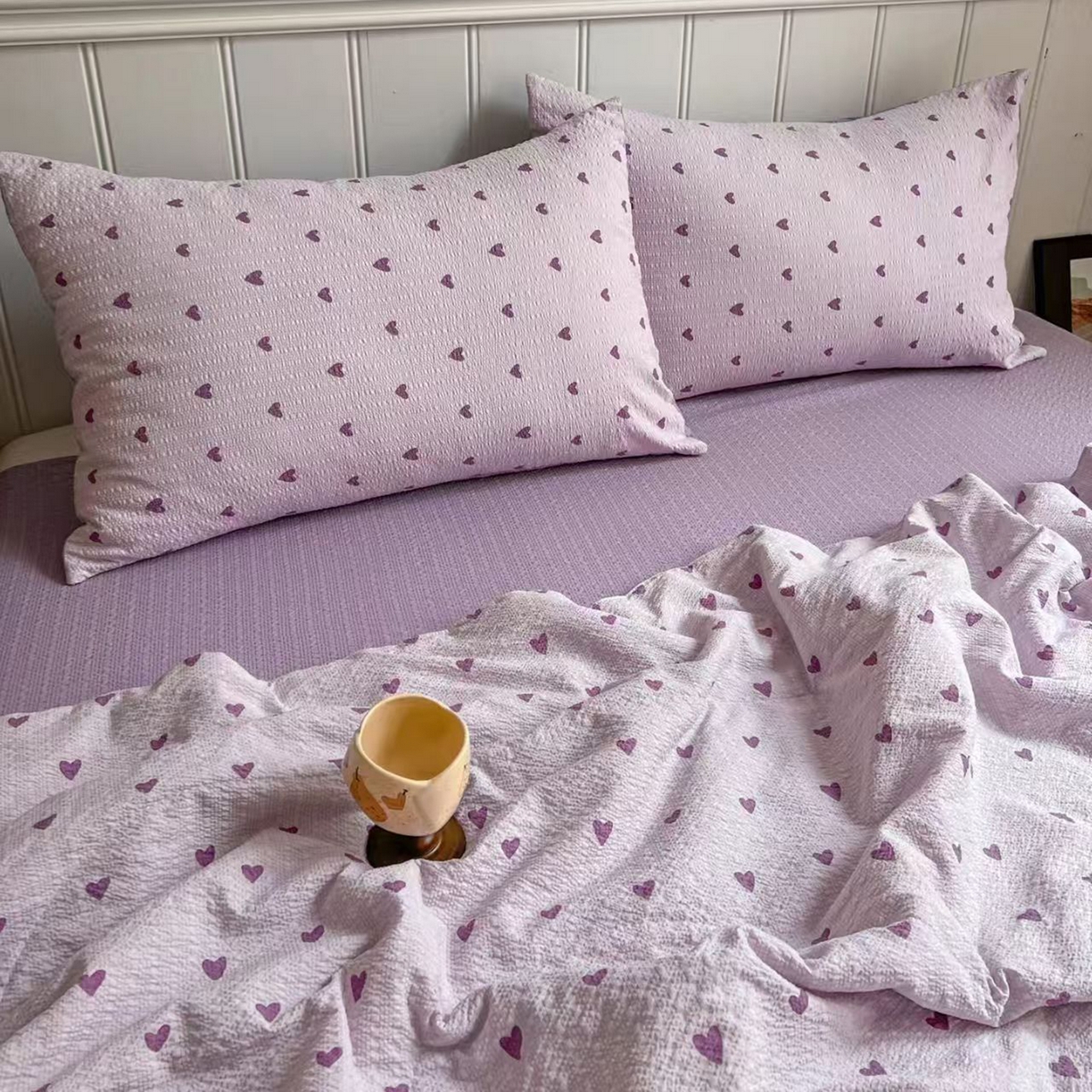 91家纺网 家纺一手货源 找家纺  梵希雅  2026新款泡芙纱夏被四件套简单款 紫爱心