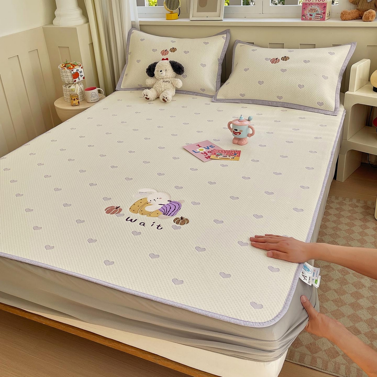 帅露家纺 2026新款A类PE中分子卡通大版绣花软凉席席子 床笠款-懒懒兔