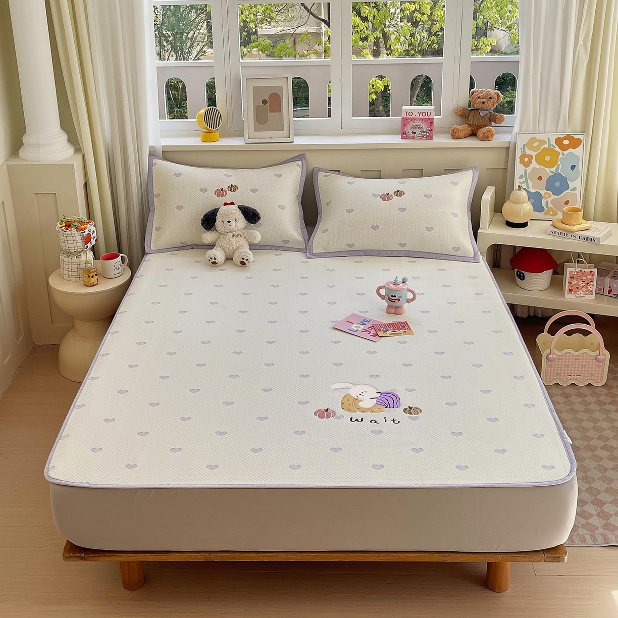 91家纺网 家纺一手货源 找家纺 帅露家纺 2026新款A类PE中分子卡通大版绣花软凉席席子 床笠款-懒懒兔