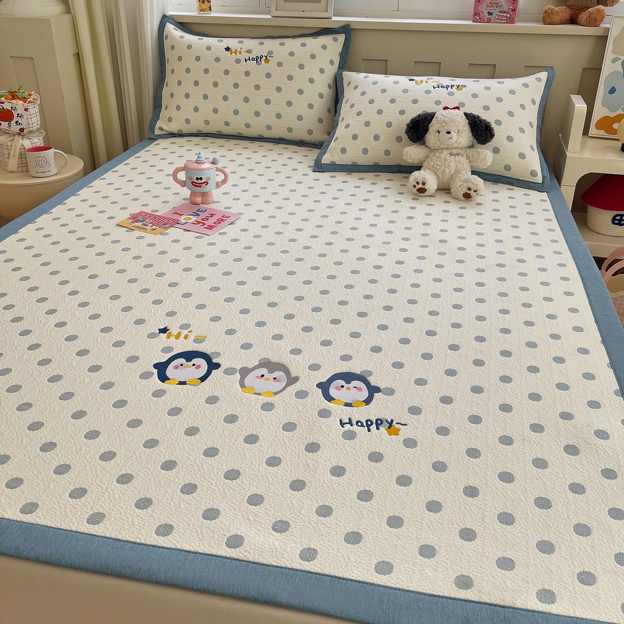 帅露家纺 2026新款A类PE中分子卡通大版绣花软凉席席子 平铺款-蓝调企鹅