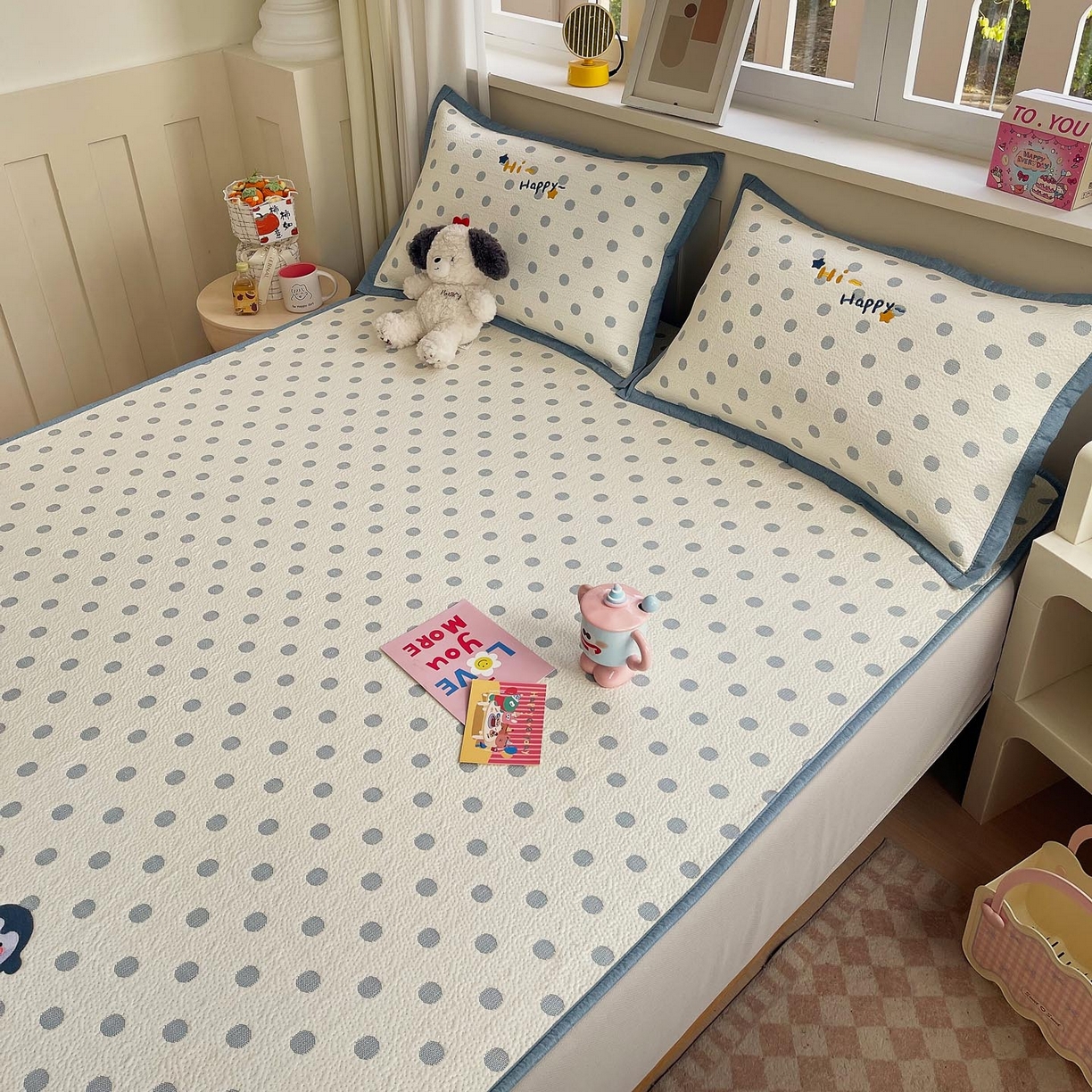 91家纺网 家纺一手货源 找家纺 帅露家纺 2026新款A类PE中分子卡通大版绣花软凉席席子 床笠款-蓝调企鹅