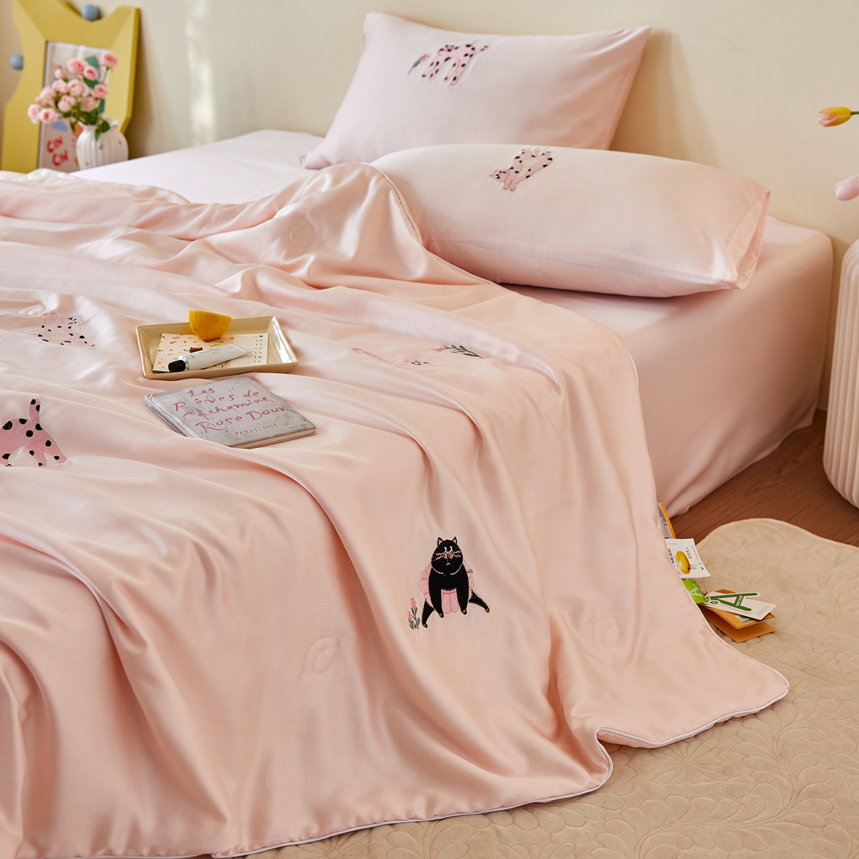 91家纺网 家纺一手货源 找家纺 安莱生活 2026新款50天丝大豆棉夏被空调被夏凉被萌宠甜夏系列 粉色夏天