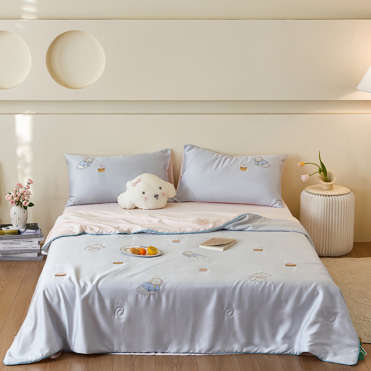 91家纺网 家纺一手货源 找家纺 安莱生活 2026新款50天丝大豆棉夏被空调被夏凉被萌宠甜夏系列 蓝汪浅夏