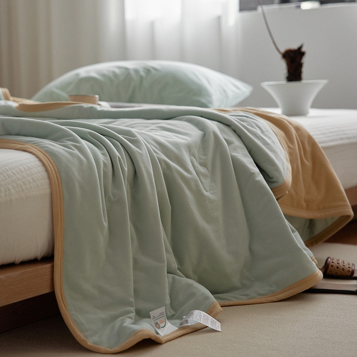 91家纺网 家纺一手货源 找家纺 安莱生活 2026新款全棉云感针织棉双拼夏被空调被夏凉被 奶豆绿双拼
