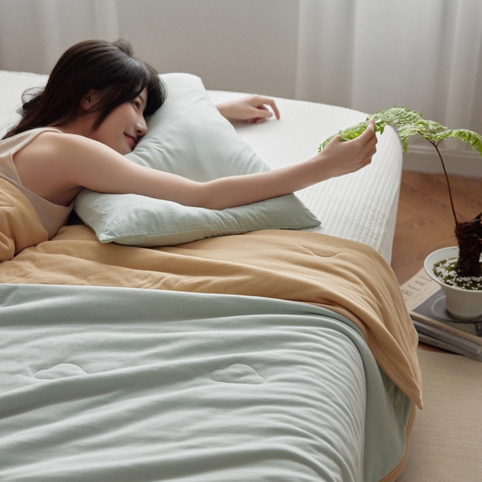 91家纺网 家纺一手货源 找家纺 安莱生活 2026新款全棉云感针织棉双拼夏被空调被夏凉被 奶豆绿双拼