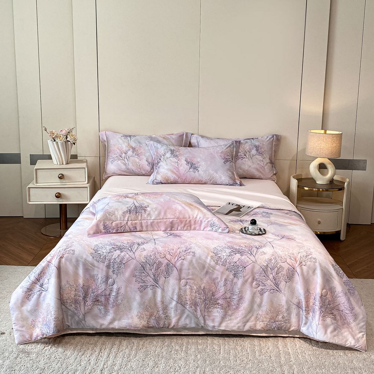 91家纺网 家纺一手货源 找家纺 （总）新方向 2026数码印花A类20%蚕丝天丝棉夏被四件套 65%60s兰精天丝 35%100支长绒棉--漫枝