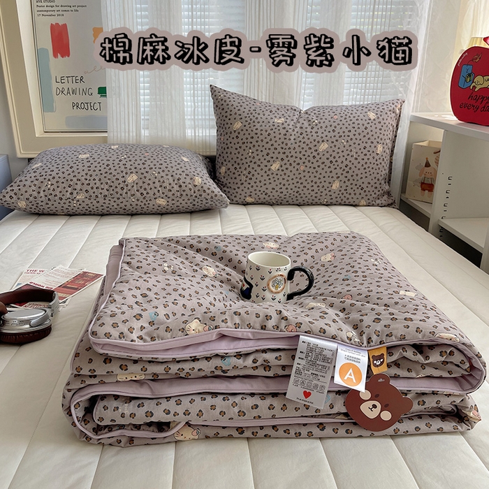 桃子家居 2026新款A类原生态纯棉棉麻凉感小冰皮嵌绳工艺棉麻夏被夏凉被空调被 棉麻冰皮-雾紫小猫