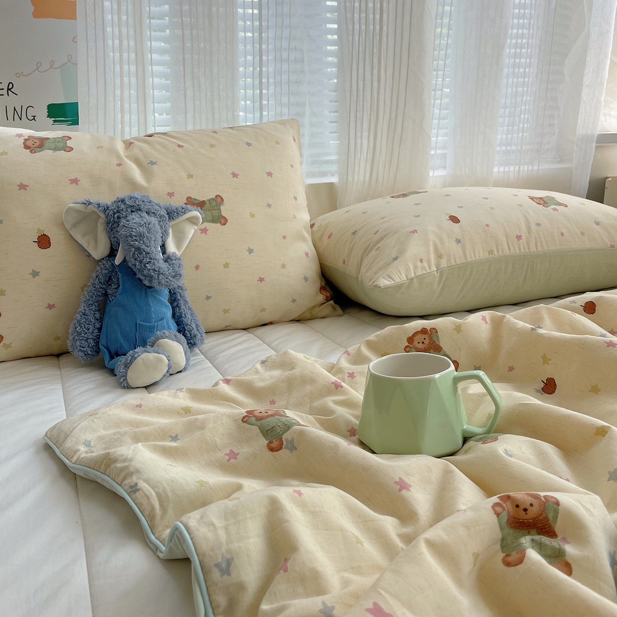 91家纺网 家纺一手货源 找家纺 桃子家居 2026新款A类原生态纯棉棉麻凉感小冰皮嵌绳工艺棉麻夏被夏凉被空调被 棉麻冰皮-奶黄小熊