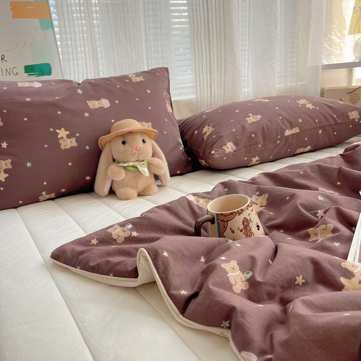 91家纺网 家纺一手货源 找家纺 桃子家居 2026新款A类原生态纯棉棉麻凉感小冰皮嵌绳工艺棉麻夏被夏凉被空调被 棉麻冰皮-焦糖小星熊