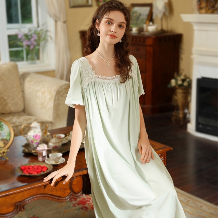 91家纺网 家纺一手货源 找家纺 （总）洛兰沙家居馆 睡裙短袖夏新品长款法式复古公主风蕾丝甜美少女跨境出口家居睡