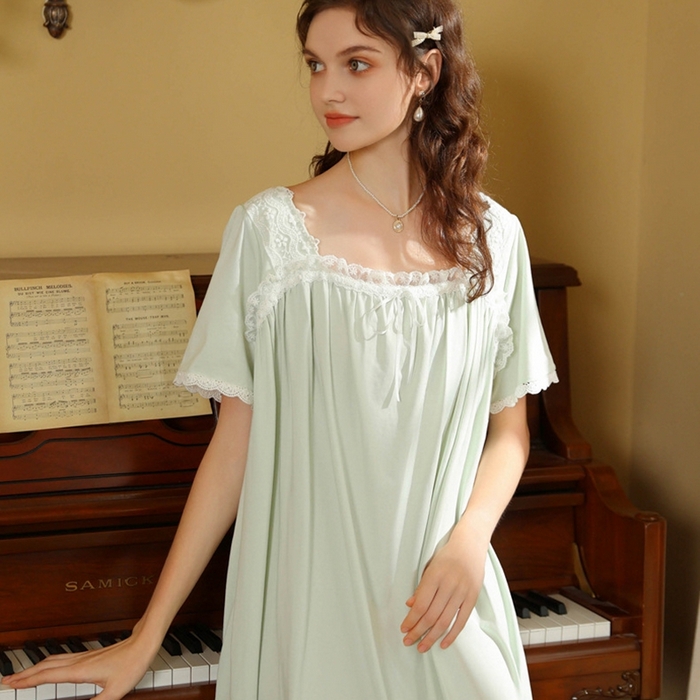 91家纺网 家纺一手货源 找家纺 （总）洛兰沙家居馆 睡裙短袖夏新品长款法式复古公主风蕾丝甜美少女跨境出口家居睡