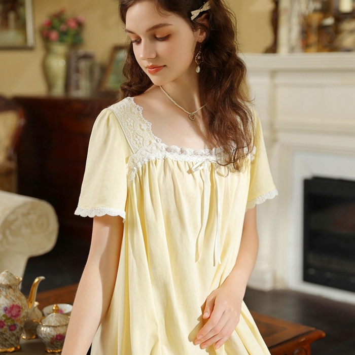 91家纺网 家纺一手货源 找家纺 （总）洛兰沙家居馆 睡裙短袖夏新品长款法式复古公主风蕾丝甜美少女跨境出口家居睡