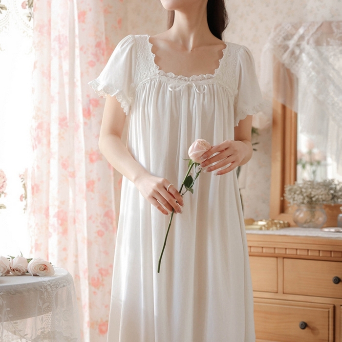 91家纺网 家纺一手货源 找家纺 （总）洛兰沙家居馆 睡裙短袖夏新品长款法式复古公主风蕾丝甜美少女跨境出口家居睡