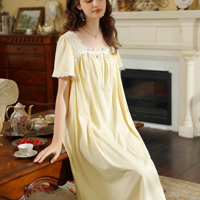 91家纺网 家纺一手货源 找家纺 （总）洛兰沙家居馆 睡裙短袖夏新品长款法式复古公主风蕾丝甜美少女跨境出口家居睡