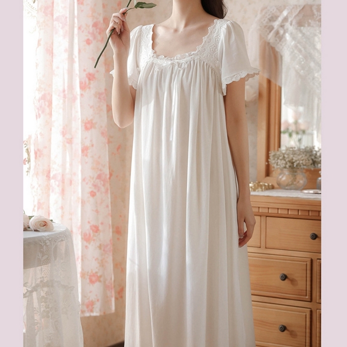 91家纺网 家纺一手货源 找家纺 （总）洛兰沙家居馆 睡裙短袖夏新品长款法式复古公主风蕾丝甜美少女跨境出口家居睡