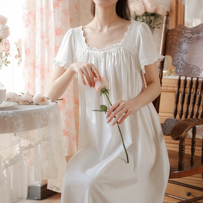 91家纺网 家纺一手货源 找家纺 （总）洛兰沙家居馆 睡裙短袖夏新品长款法式复古公主风蕾丝甜美少女跨境出口家居睡