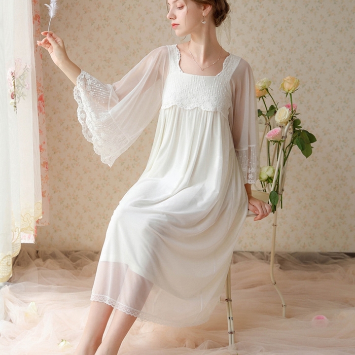 91家纺网 家纺一手货源 找家纺 （总）洛兰沙家居馆 春秋新款睡衣宫廷风少女甜美公主法式网纱刺绣蕾丝闺蜜家居服睡裙