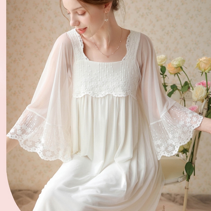 91家纺网 家纺一手货源 找家纺 （总）洛兰沙家居馆 春秋新款睡衣宫廷风少女甜美公主法式网纱刺绣蕾丝闺蜜家居服睡裙