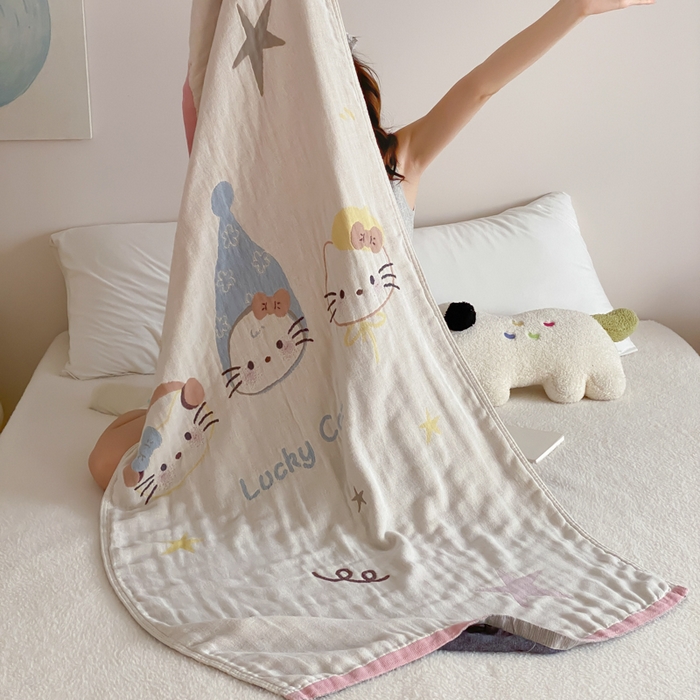 91家纺网 家纺一手货源 找家纺 麻依 2026新款四层纱布浴巾全棉 啵啵小猫 80*160