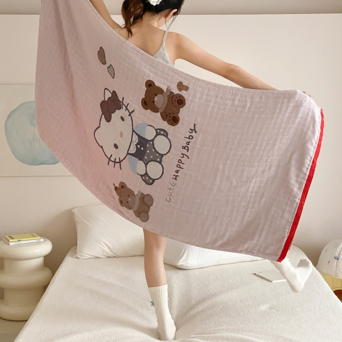 91家纺网 家纺一手货源 找家纺 麻依 2026新款四层纱布浴巾全棉 桃心KT 80*160