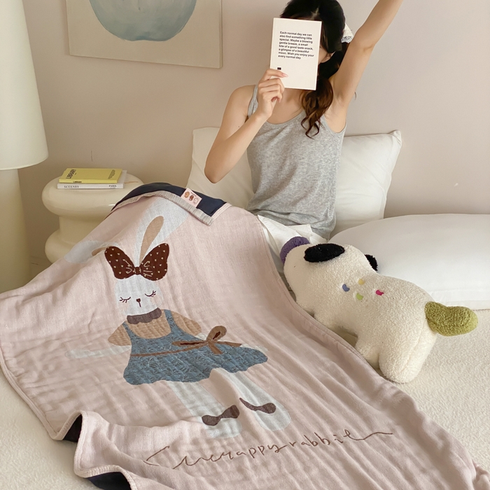 91家纺网 家纺一手货源 找家纺 麻依 2026新款四层纱布浴巾全棉 许愿小兔 80*160