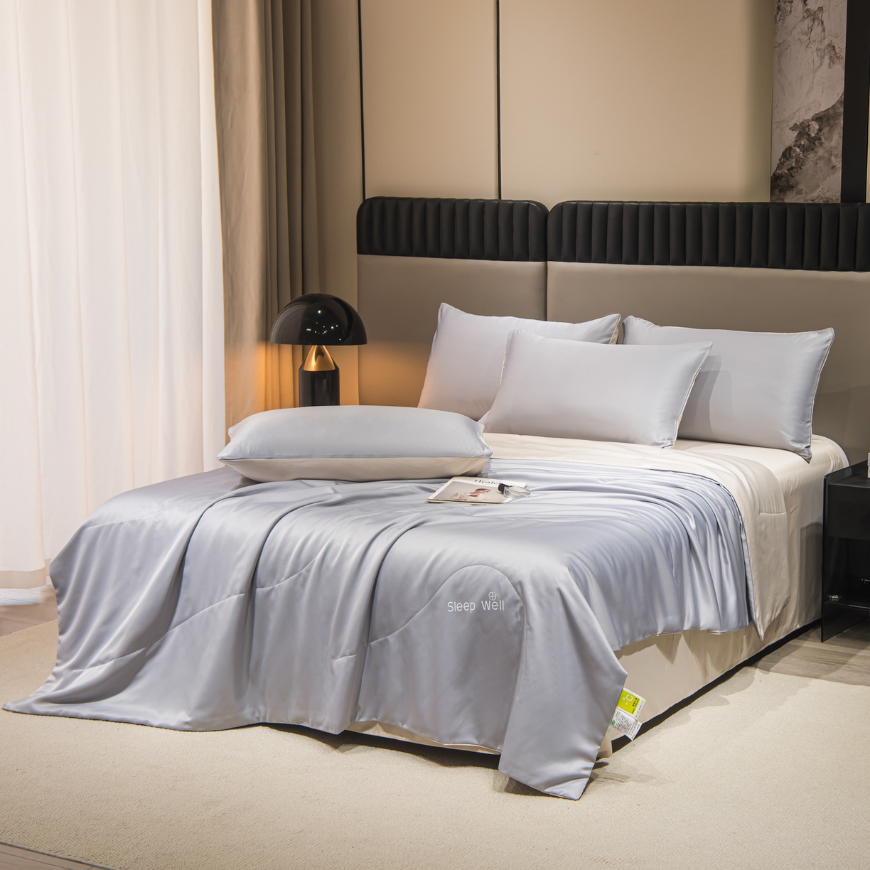 91家纺网 家纺一手货源 找家纺 花伞家居 2026新款烫画水洗真丝夏被四件套 烫画夏被-浅灰+梧桐杏