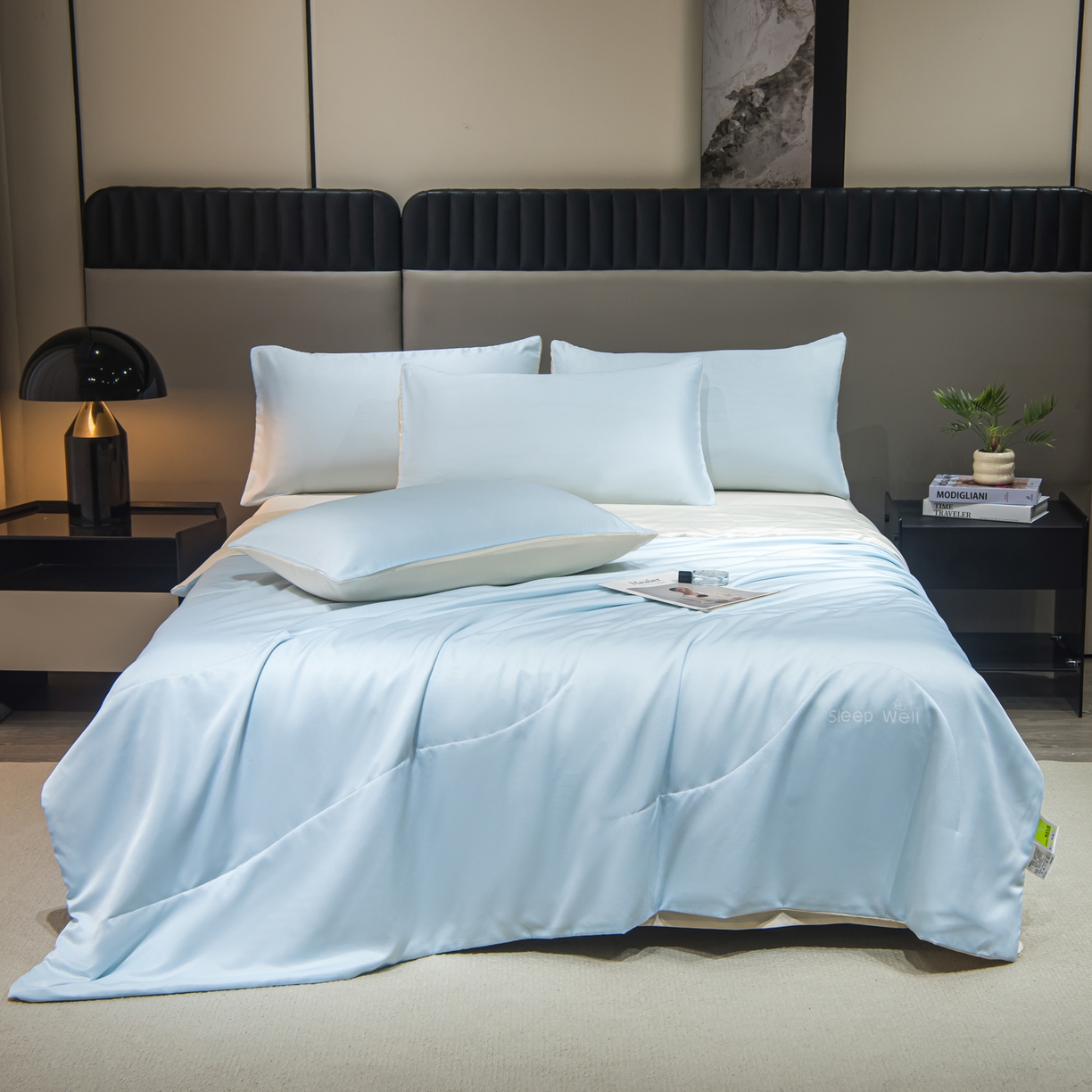 91家纺网 家纺一手货源 找家纺 花伞家居 2026新款烫画水洗真丝夏被四件套 烫画夏被-浅蓝+小米黄