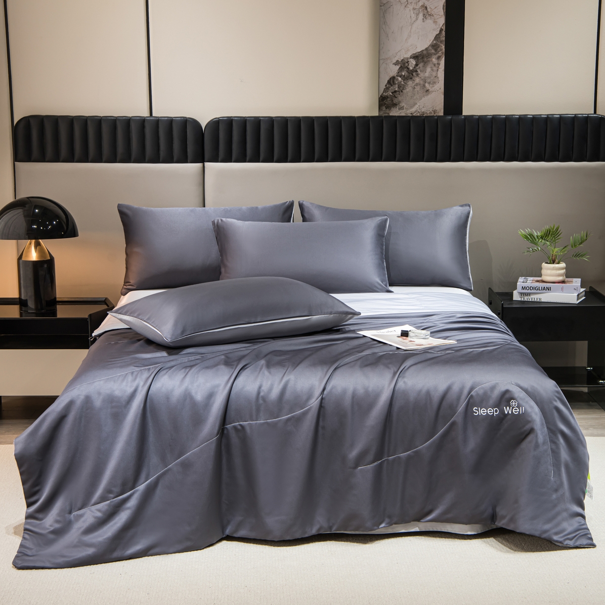 91家纺网 家纺一手货源 找家纺 花伞家居 2026新款烫画水洗真丝夏被四件套 烫画夏被-深灰+浅灰