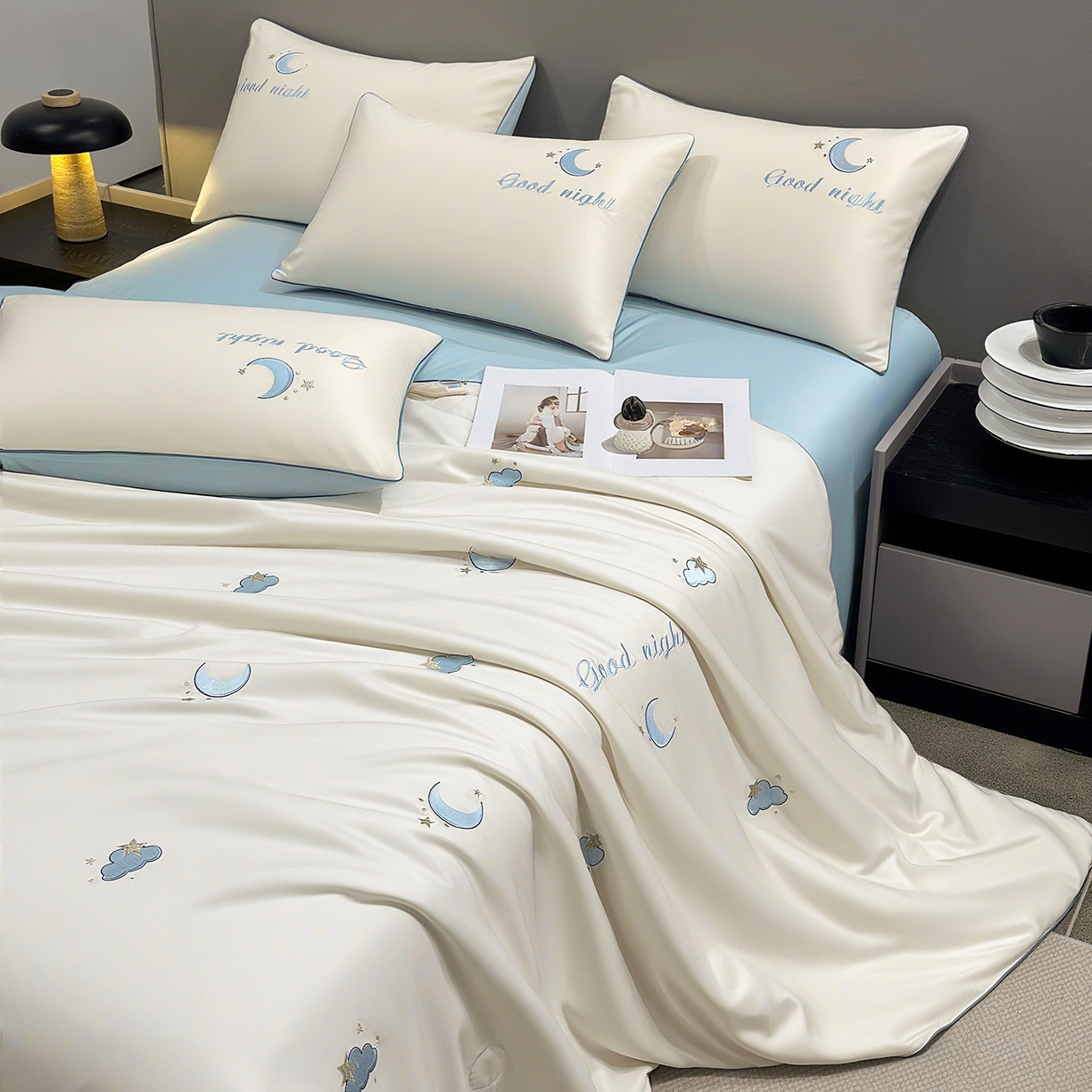 91家纺网 家纺一手货源 找家纺 梦舒羽 2026新款A类水洗冰丝满版夏凉被 云朵-奶白蓝