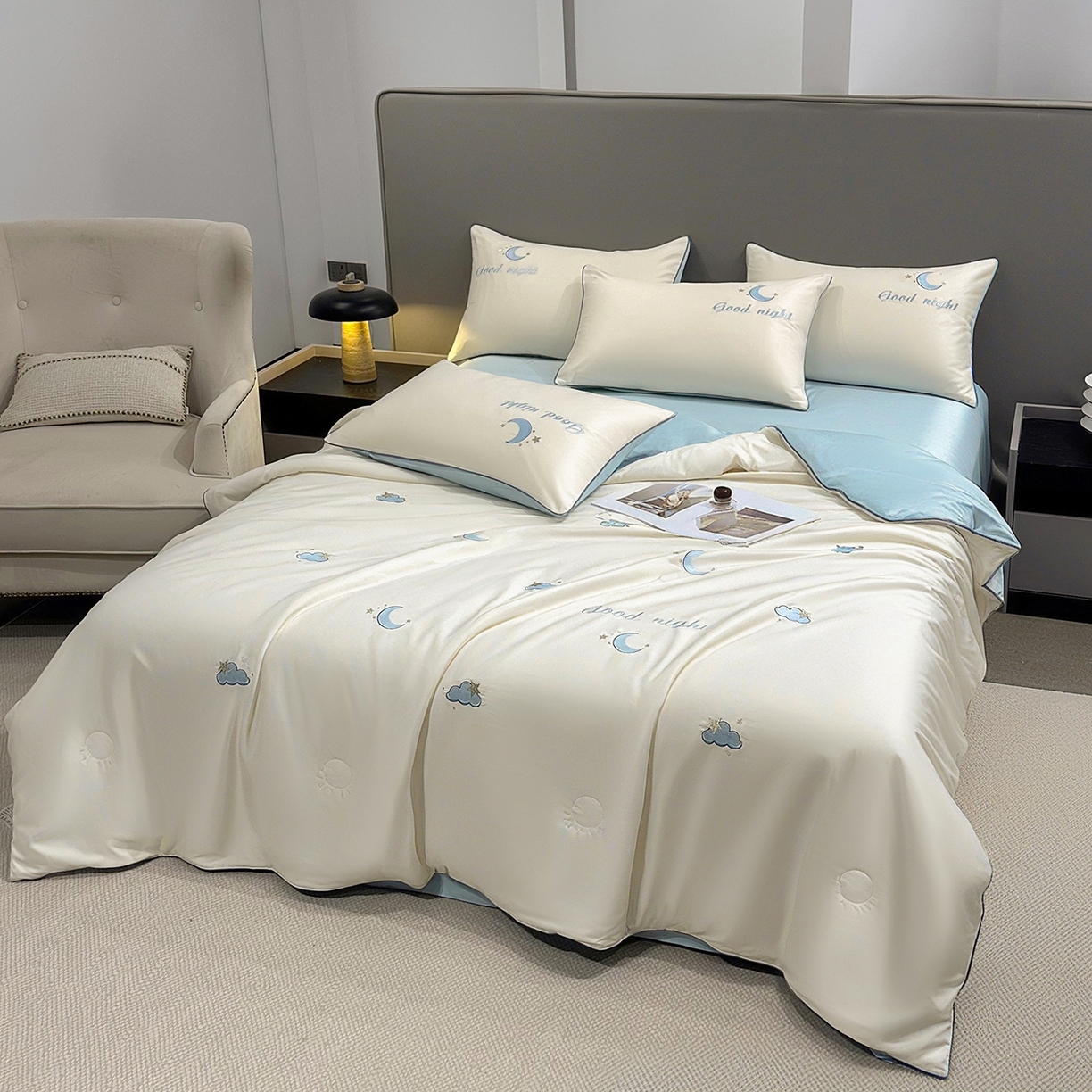 91家纺网 家纺一手货源 找家纺 梦舒羽 2026新款A类水洗冰丝满版夏凉被 云朵-奶白蓝