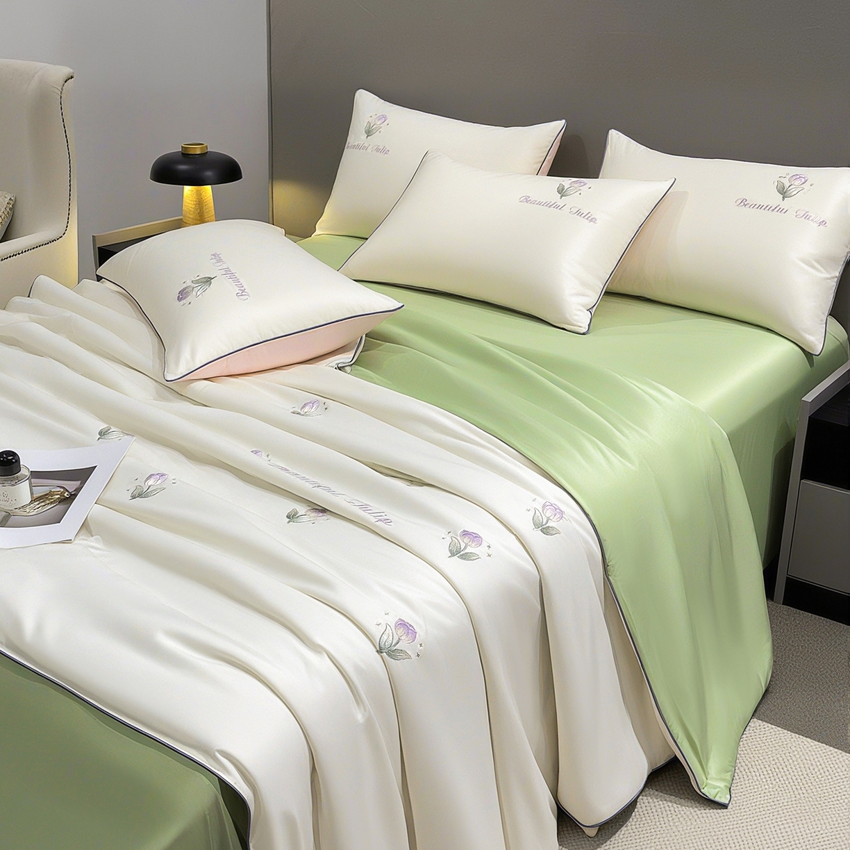 91家纺网 家纺一手货源 找家纺 梦舒羽 2026新款A类水洗冰丝满版夏凉被 郁金香-奶白绿