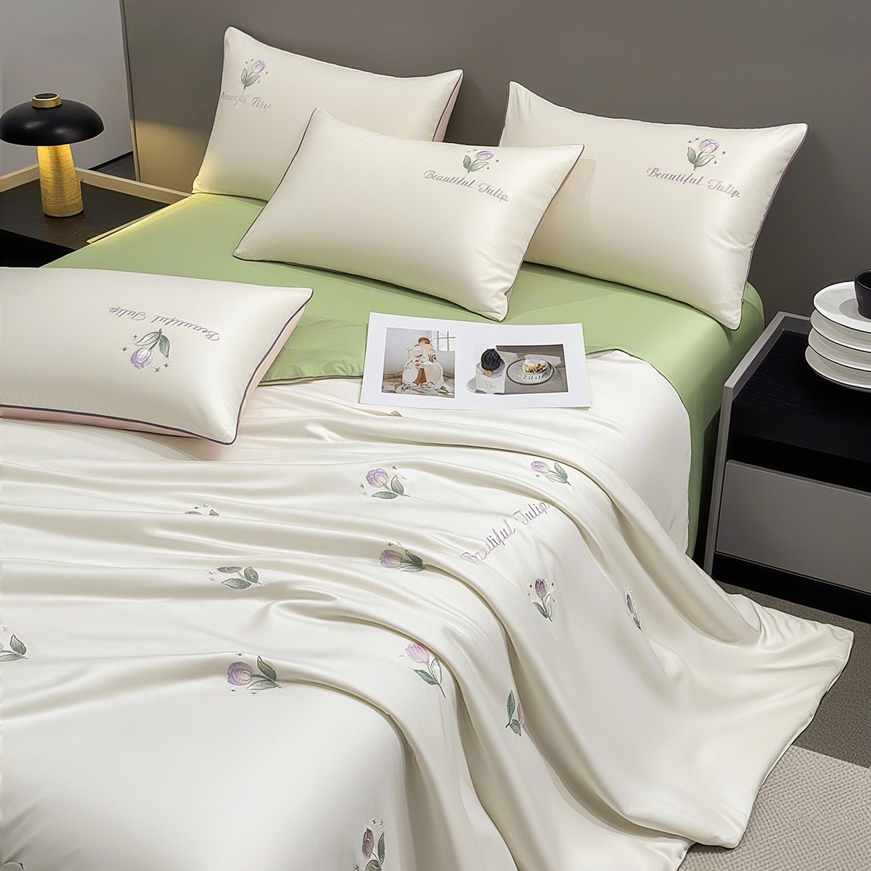 91家纺网 家纺一手货源 找家纺 梦舒羽 2026新款A类水洗冰丝满版夏凉被 郁金香-奶白绿