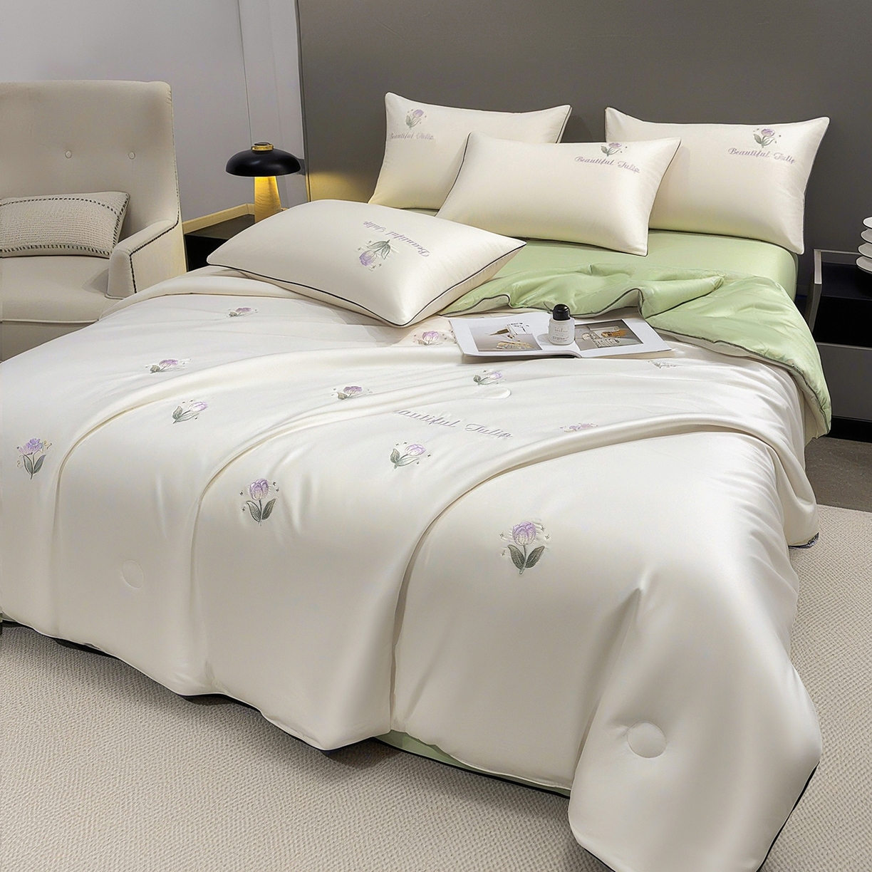 91家纺网 家纺一手货源 找家纺 梦舒羽 2026新款A类水洗冰丝满版夏凉被 郁金香-奶白绿